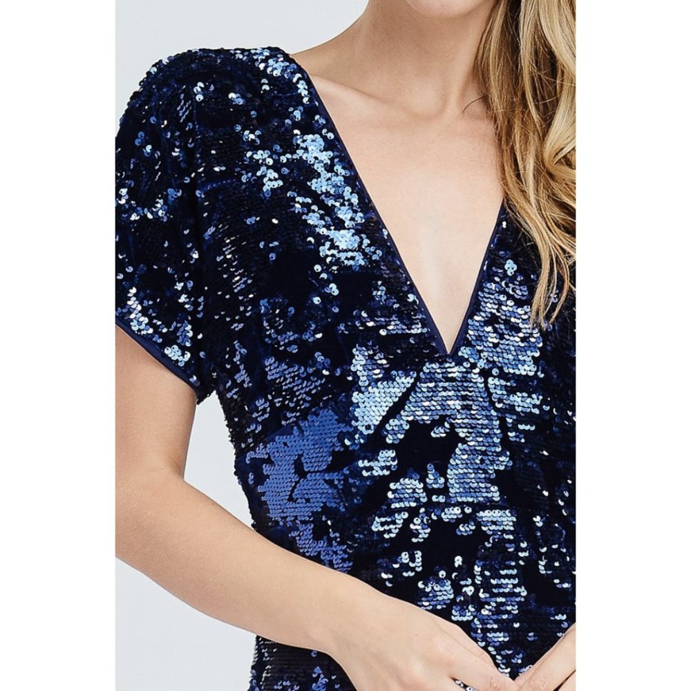 Navy Deep V-Neck Sequins Mini Dress - Picture 3 of 7
